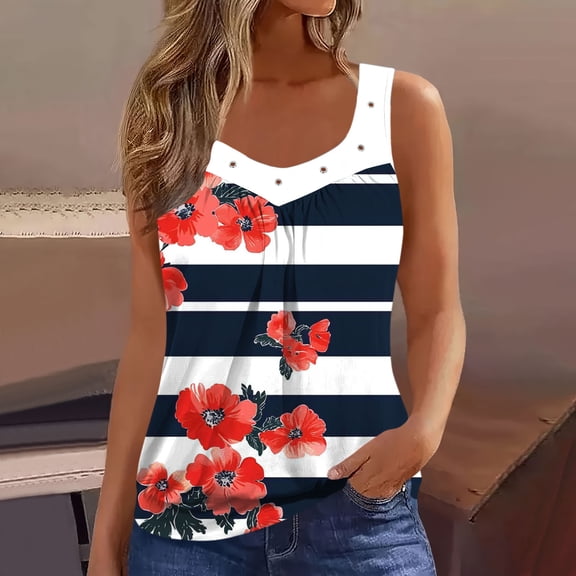 Floral Printed Tank Tops for Women Summer Travel Tops Flowy Beach Sleeveless Ruched Pleated Tunic Shirts Red M