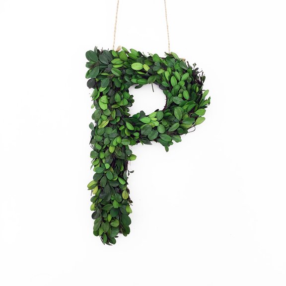 Modern Home 12" Real Preserved Boxwood Monogram Wreath Letters - P
