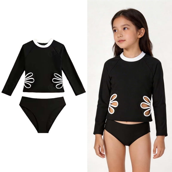 Kids Two Piece Swimsuit Girls Long Sleeve Rashguard Girls' Swimwear with Chest Pad Girls Swimsuit Size 9-10 Years