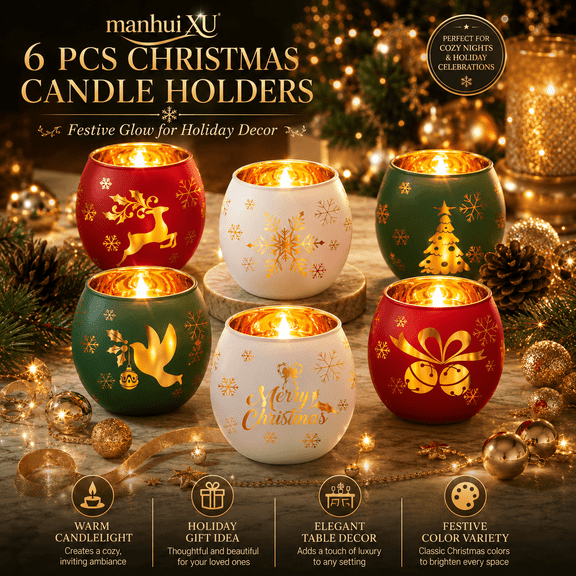 6-Piece Christmas Votive Candle Holders, Frosted Glass Tealight Cups for Table & Mantel Decor