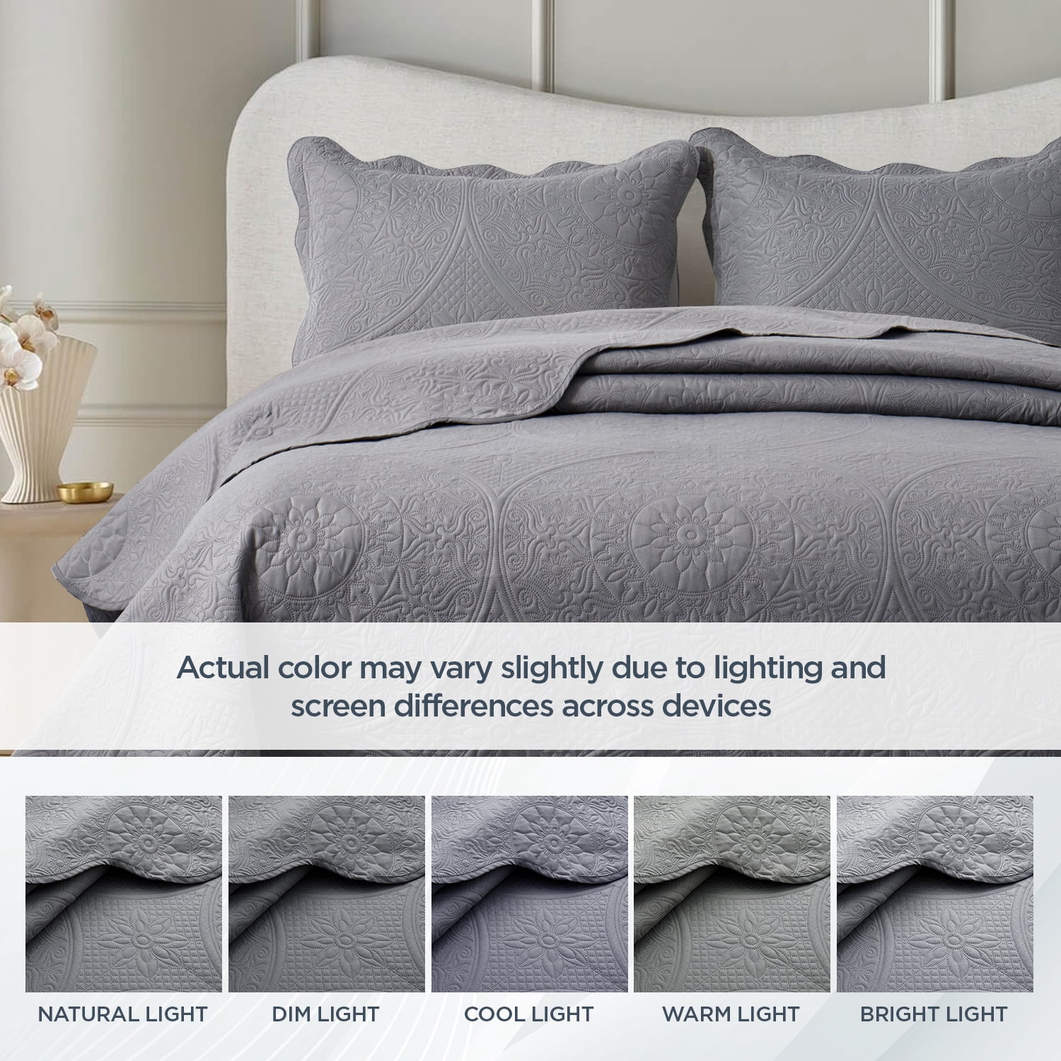 Moonlight20015 3 Piece Quilt Set Lightweight Microfiber Bedspread Modern Floral Embossing Gray Queen