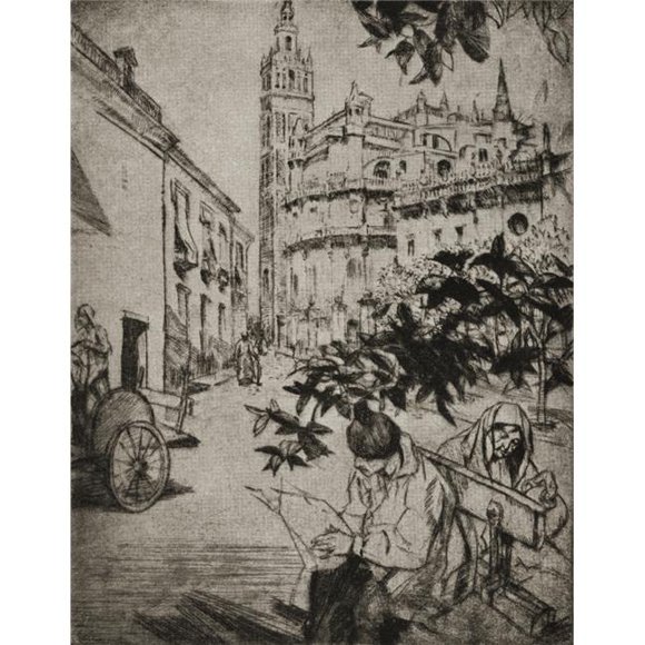Cathédrale de Séville. Gravure de Seville en Espagne par Ada C.Williamson du Livre Tawny Espagne Publié en 1927, Grand - 26 x 34