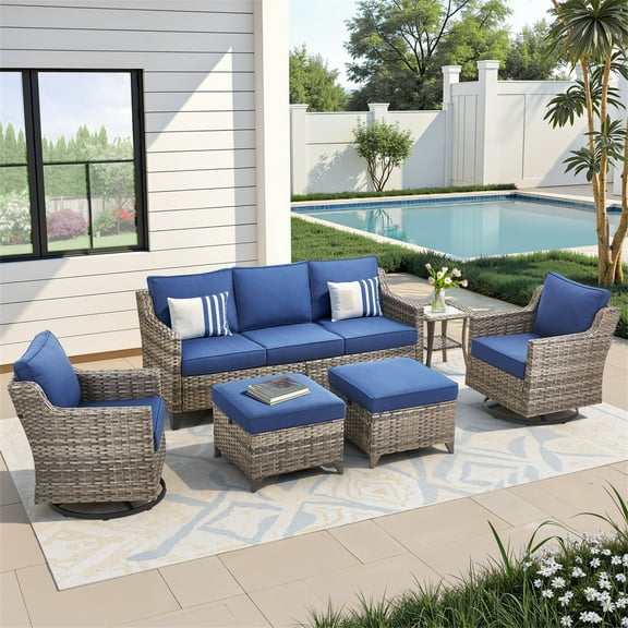 Planntonneo 6 Piece Wicker Patio Furniture Sets - Rattan Sofa with 2 Swivel Rocking Chairs, 2 Ottomans and Side Table, Outdoor Conversation Sets for Porch Balcony Patio Deck, Grey/Blue