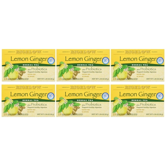 Bigelow Lemon Ginger Plus Probiotics, Caffeine-Free Herbal Tea Bags, 18 Count