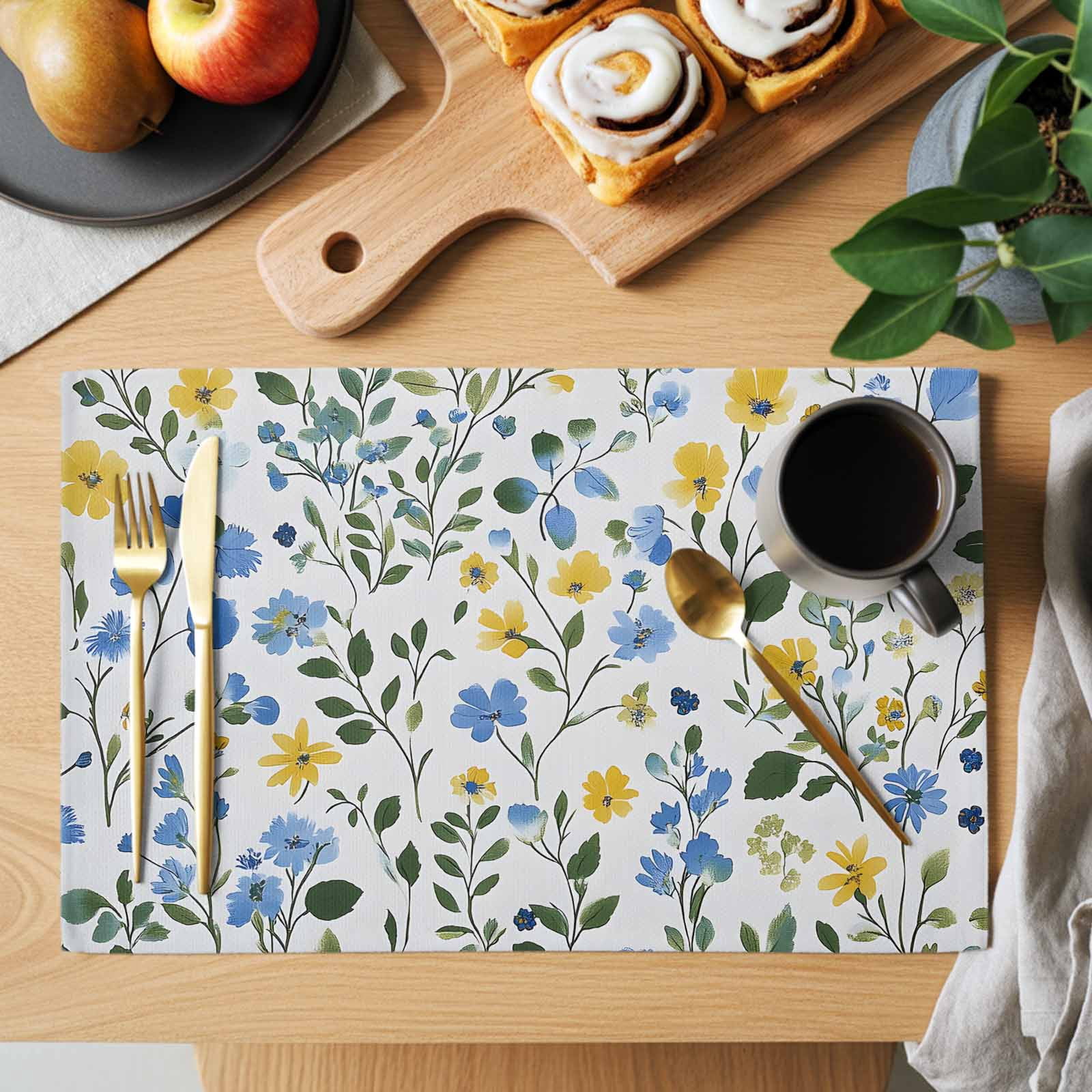 Placemat Set of 6 Yellow Blue Floral Leaf Placemats for Dining Table Wildflowers Plant Washable Table Mats for Kitchen and Party Decor Indoor & Outdoor Use
