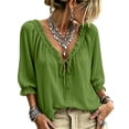 thumbnail image 2 of HaCpiu Women's Solid V-Neck Ruffle Blouse, Casual Loose 3/4 Sleeve Tie-Front Tunic Top, Lightweight Flowy Shirt with Elastic Ruffled Cuffs, Green S, 2 of 5