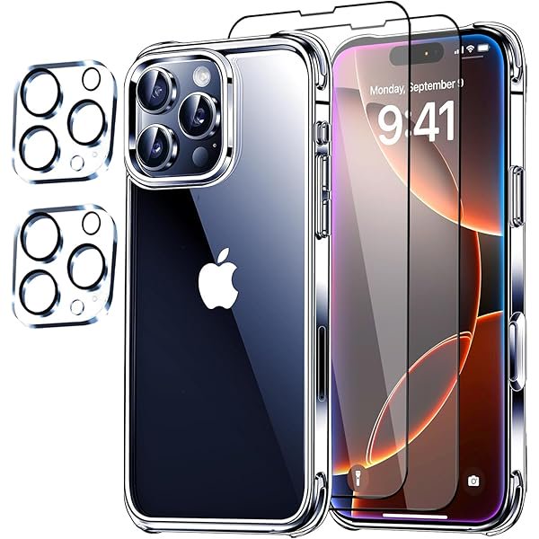 wonima11 5 in 1 Clear Case for iPhone 16 Plus 6.7-Inch, with 2 Screen Protector and 2 Camera Lens Protector, 9H Edge Protection Tempered Glass Film, Shockproof Drop Transparent Protection Cover