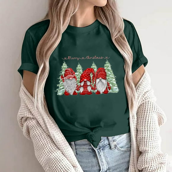 jsaierl Christmas Shirts Women Short Sleeve Gnomes Print Tops Funny Crewneck Shirt Bleached Tunic Tees Blouse Top for Women Fashion 2024