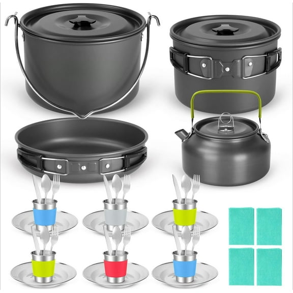 39pcs Camping Cookware Mess Kit, Non-Stick Large Size Hanging Pot Pan Kettle