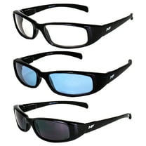 3 Pairs of MF Eyewear Bad Attitude Motorcycle Glasses Shatterproof Polycarbonate Black Frame UV400 Filter, Scratch-Resistant Motorcycle Riding Glasses Clear, Blue & Super Dark Lenses