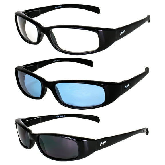 3 Pairs of MF Eyewear Bad Attitude Motorcycle Glasses Shatterproof Polycarbonate Black Frame UV400 Filter, Scratch-Resistant Motorcycle Riding Glasses Clear, Blue & Super Dark Lenses