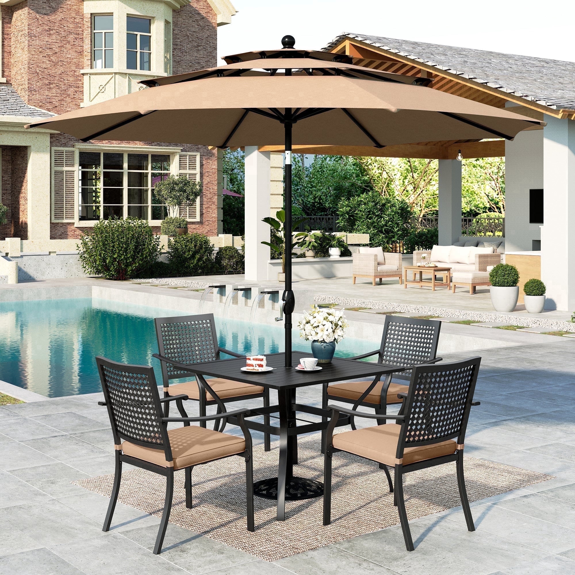 SUMMIT LIVING 6-Piece Outdoor Patio Dining Set with 10 ft Umbrella, Metal Steel Square Table & 4 Stackable ArmChairs with Cushions, Black & Beige