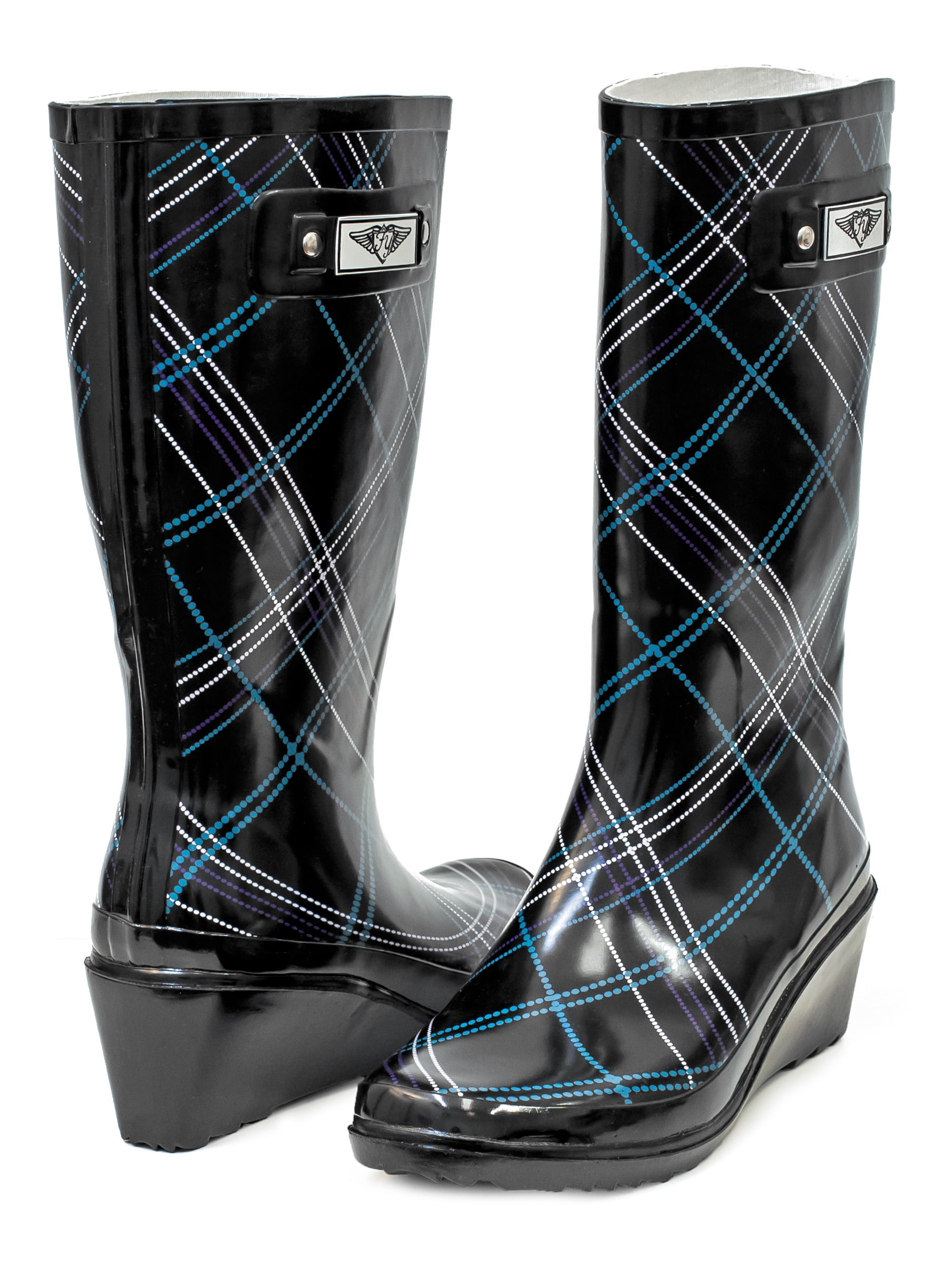 Women Black Blue Plaid Rubber Rain Boots Wedge Heel Design w Cotton Lining Walmart