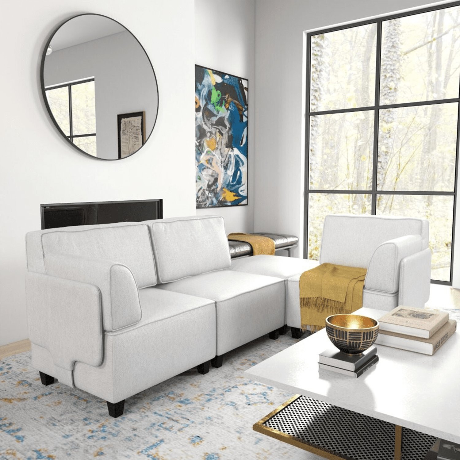 Mainstays 4-Piece Modular Sectional Sofa with Ottoman, Light Gray