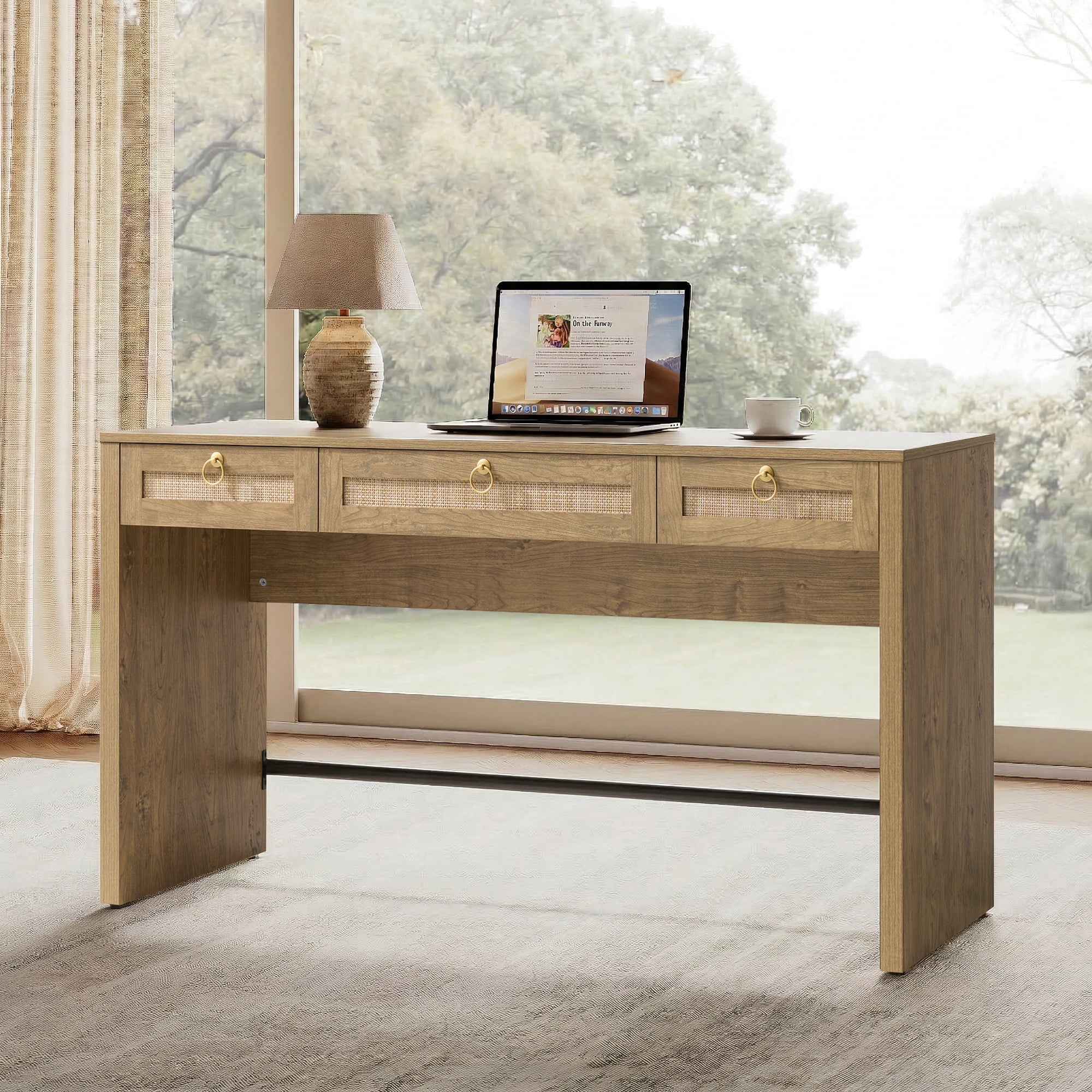 SICOTAS 59.05" W Home Office Computer Desk with Ample Storage，Boho Writing Desk with 3 Spacious Drawers & Unique Rattan Decor, Farmhouse Coastal Classic Style, Cherry Oak,