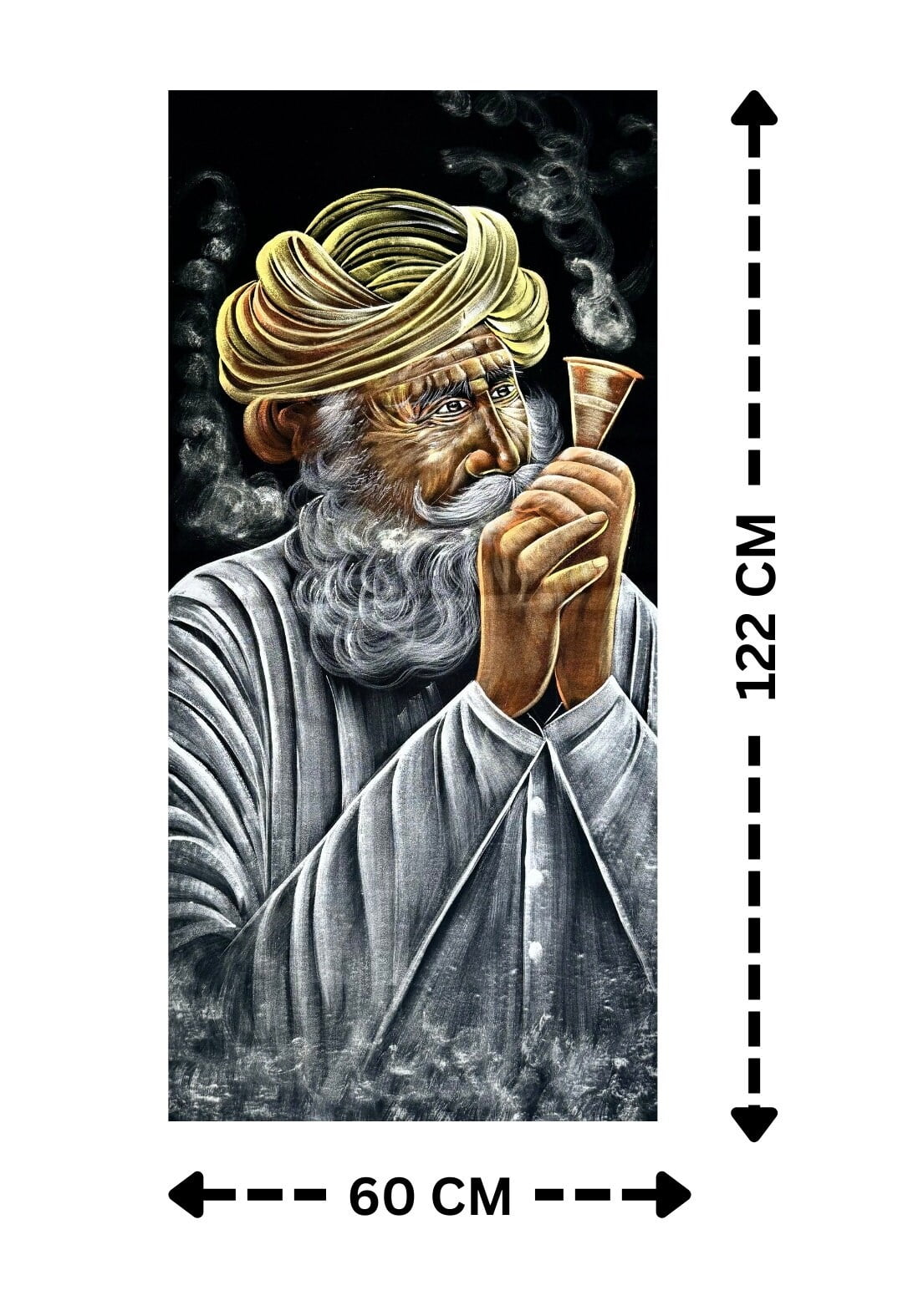 Elderly Man with Traditional Pipe Handmade Velvet Painting | Fabric Painting | Big Wall Art | Home Decor | Hookah | Chilam