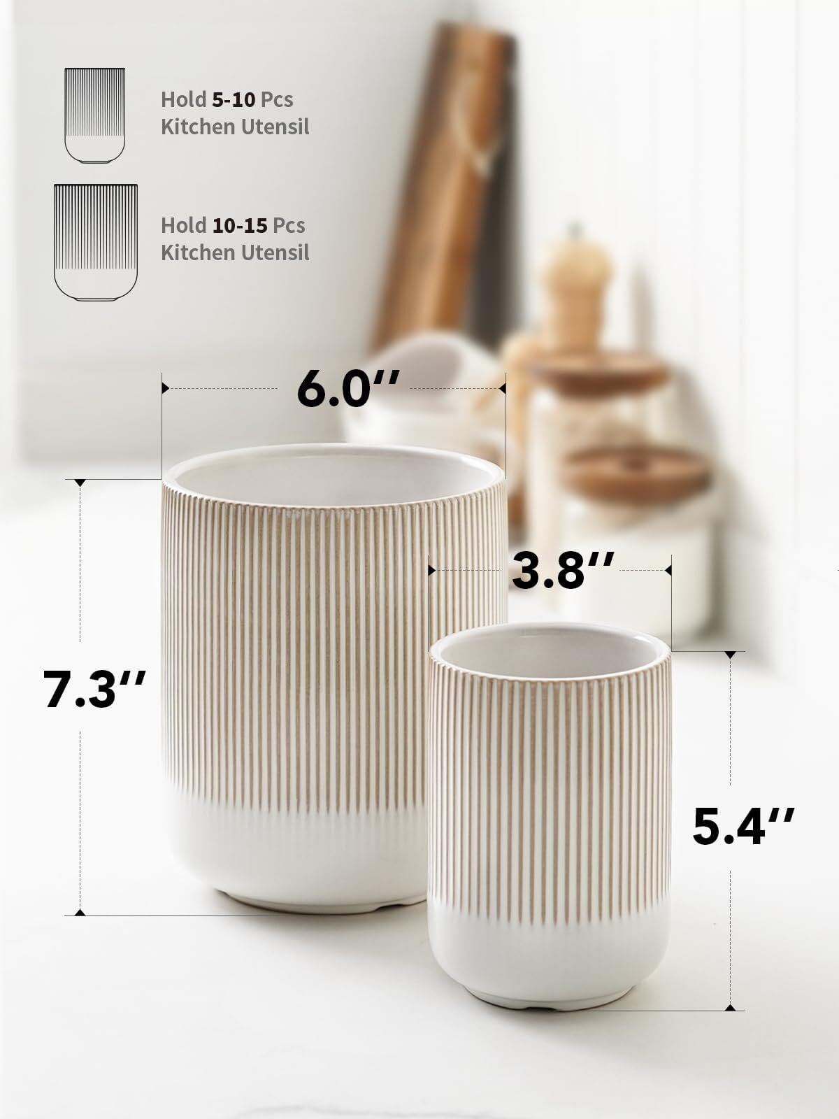 LE TAUCI 7.3"+5.4" Ceramic Utensil Holders, 2-Pack Kitchen Utensil Crock for Countertop & Kitchen Counter, Reactive Glaze Arctic White