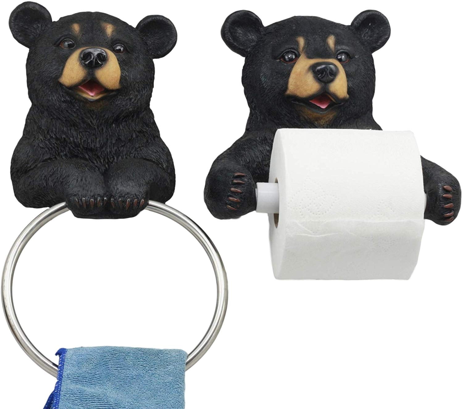 Ebros Whimsical Black Bear Toilet Paper and Hand Towel Holder Set