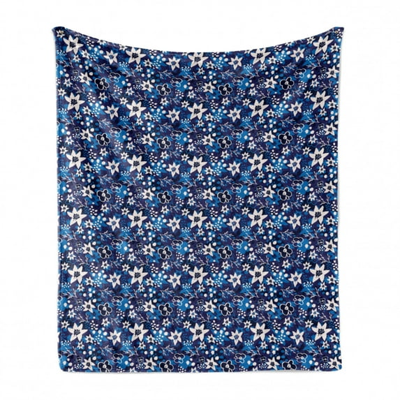 Cartoon Soft Flannel Fleece Blanket, Illustration of Pastel Blossoms Botanical Bouquets Summer Flourish Yard, Cozy Plush for Indoor and Outdoor Use, 50" x 70", Indigo and Violet Blue, by Ambesonne