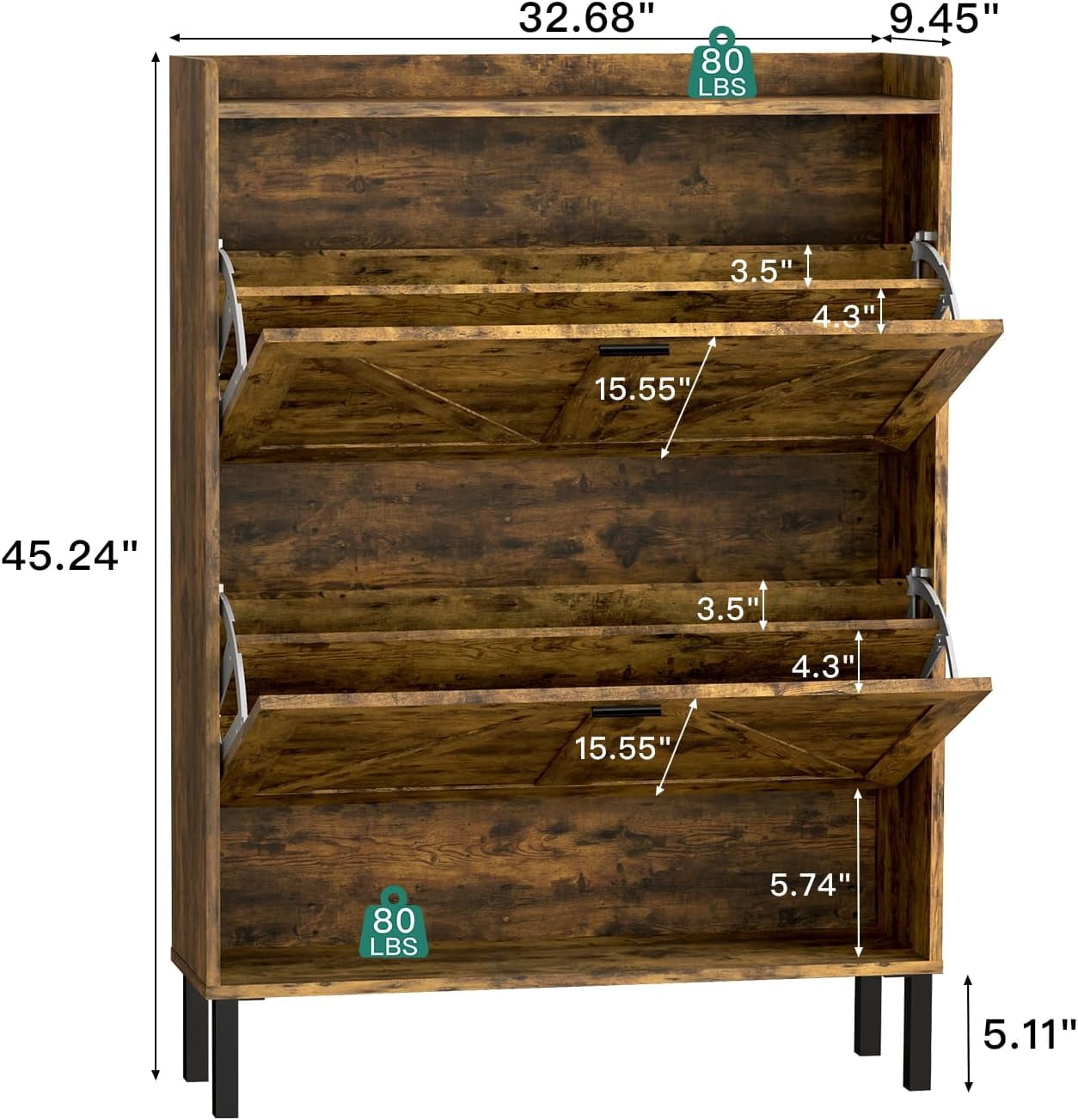 Vinform Farmhouse Shoe Storage Cabinet with 2 Flip Drawers for Entryway, Slim Wood Shoe Cabinet, Freestanding Narrow Shoe Rack Organizer with Metal Legs for Hallway Living Room (Rustic Brown)