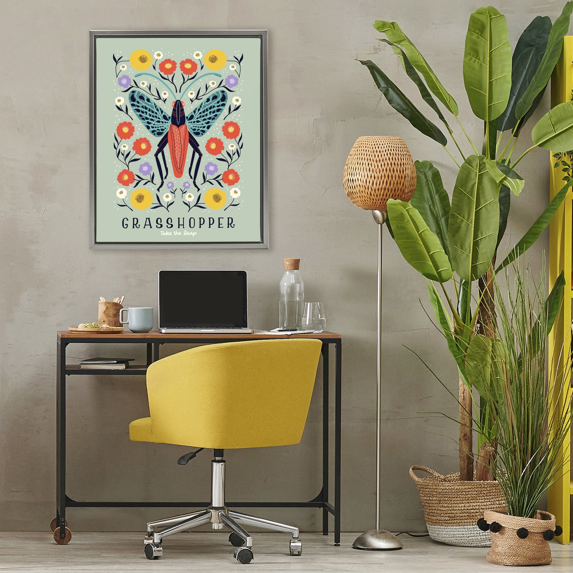 Stupell Industries Symmetrical Grasshopper with Blooms Gray Framed Floater Canvas Wall Art, design by Indira Prieto | IndySign