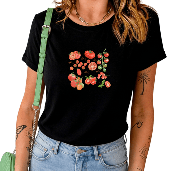 Black Watercolor Heirloom Tomatoes Mix Graphic Print Tshirt Graphic Tees Shirts Cottagecore Gardening Casual Tops S-5XL