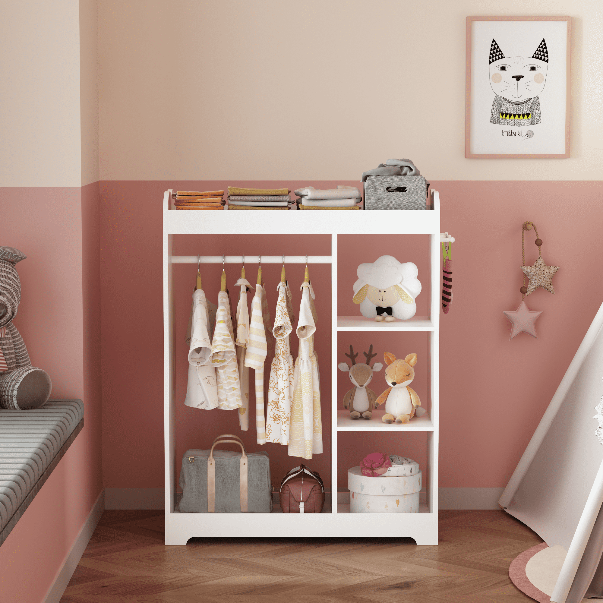 Kids Furniture Kids Dress Up Storage with Mirror and Hooks, Wooden Dress Up Clothes Rack with Hanging Rod, 3 Side Hooks, Storage Shelves and Top Shelf, Toddler Costume Organizer for Playroom Bedroom