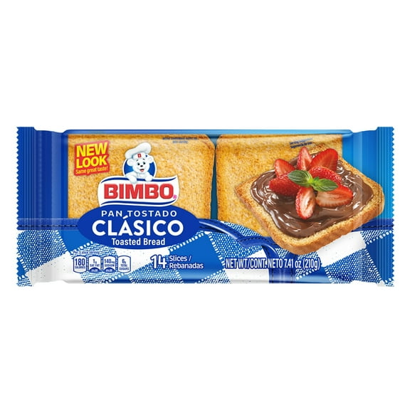 Bimbo Pan Tostado White Toasted Bread, 14 count, Crunchy Plain Toasted Bread, Bag 7.41 oz