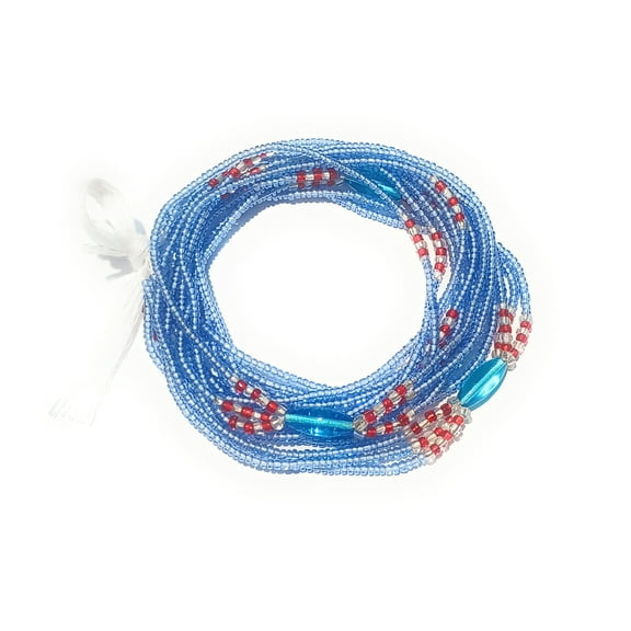 Multi-Strand 3-in-1 African Waist Beads, Tie-On Cotton Strings, 42 Inch Strand, Light Blue Glass Beads