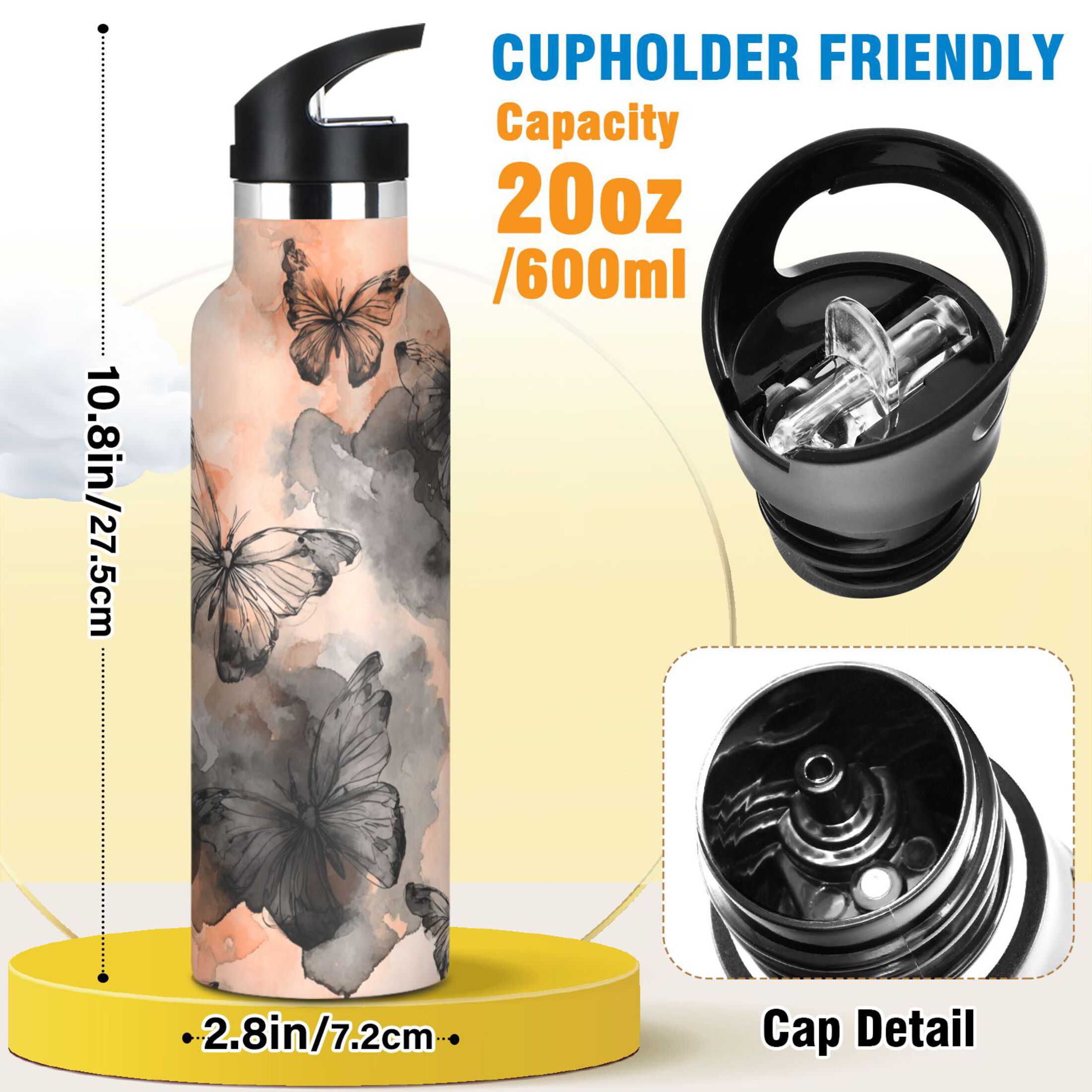 600ML Stainless Steel Insulated Cup Sports Water Bottle Portable Thermos Cup Water Glasses Insulated Tumblers Convenient and Durable Gray Butterfly