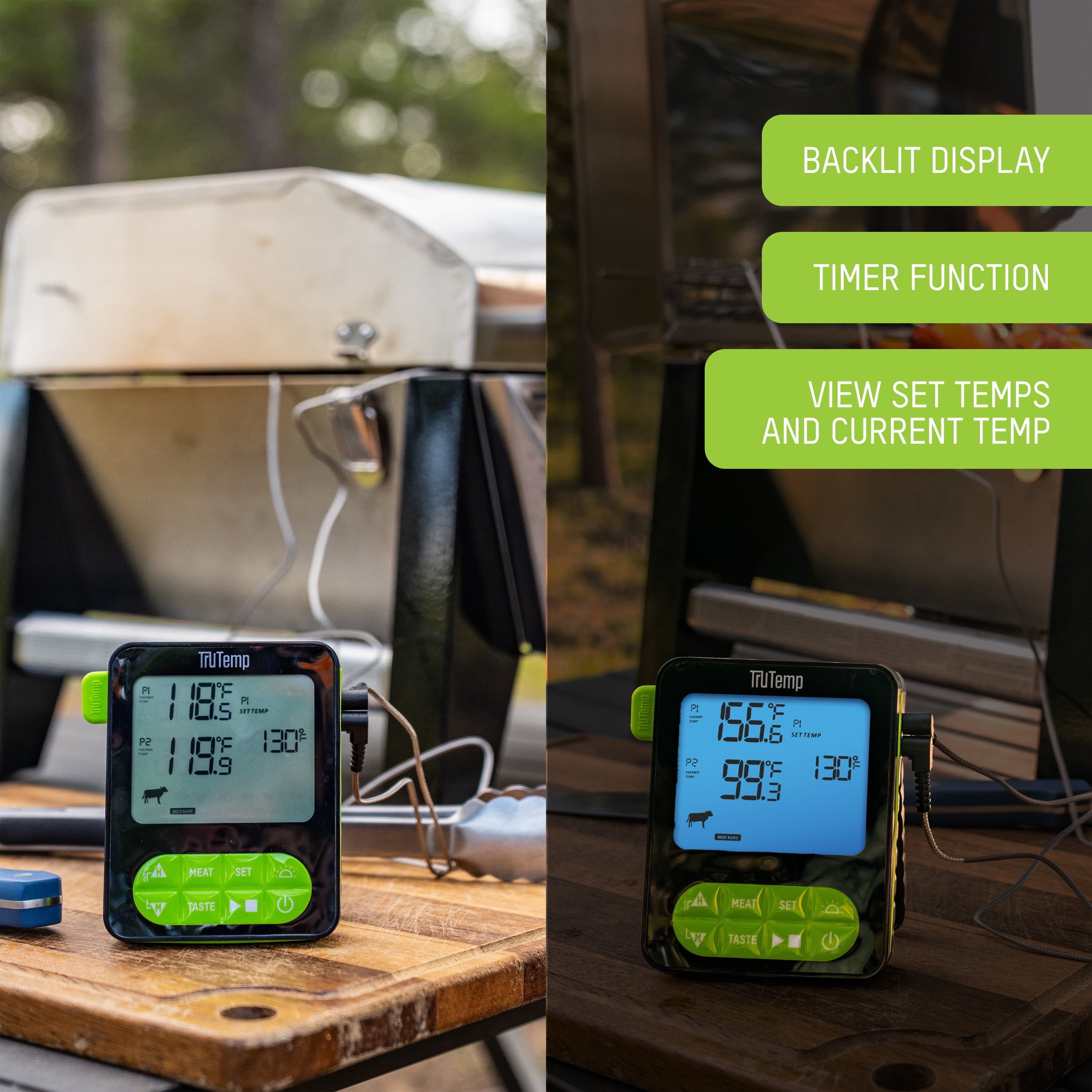 TruTemp Digital Dual Probe Programmable Meat Thermometer for Grilling, Smoking, & Cooking, Green