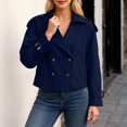 thumbnail image 2 of IWRICH Women's Long Sleeve Crop Trench Coat Lapel Double Loose Casual Jacket with Pockets Navy L, 2 of 5
