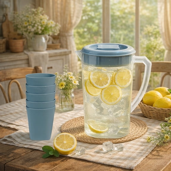 74 oz Plastic Pitcher Set with 5 Cups,Clear Beverage Jug with Lid,Complete Drinkware Set for Iced Tea Juice Lemonade Fridge