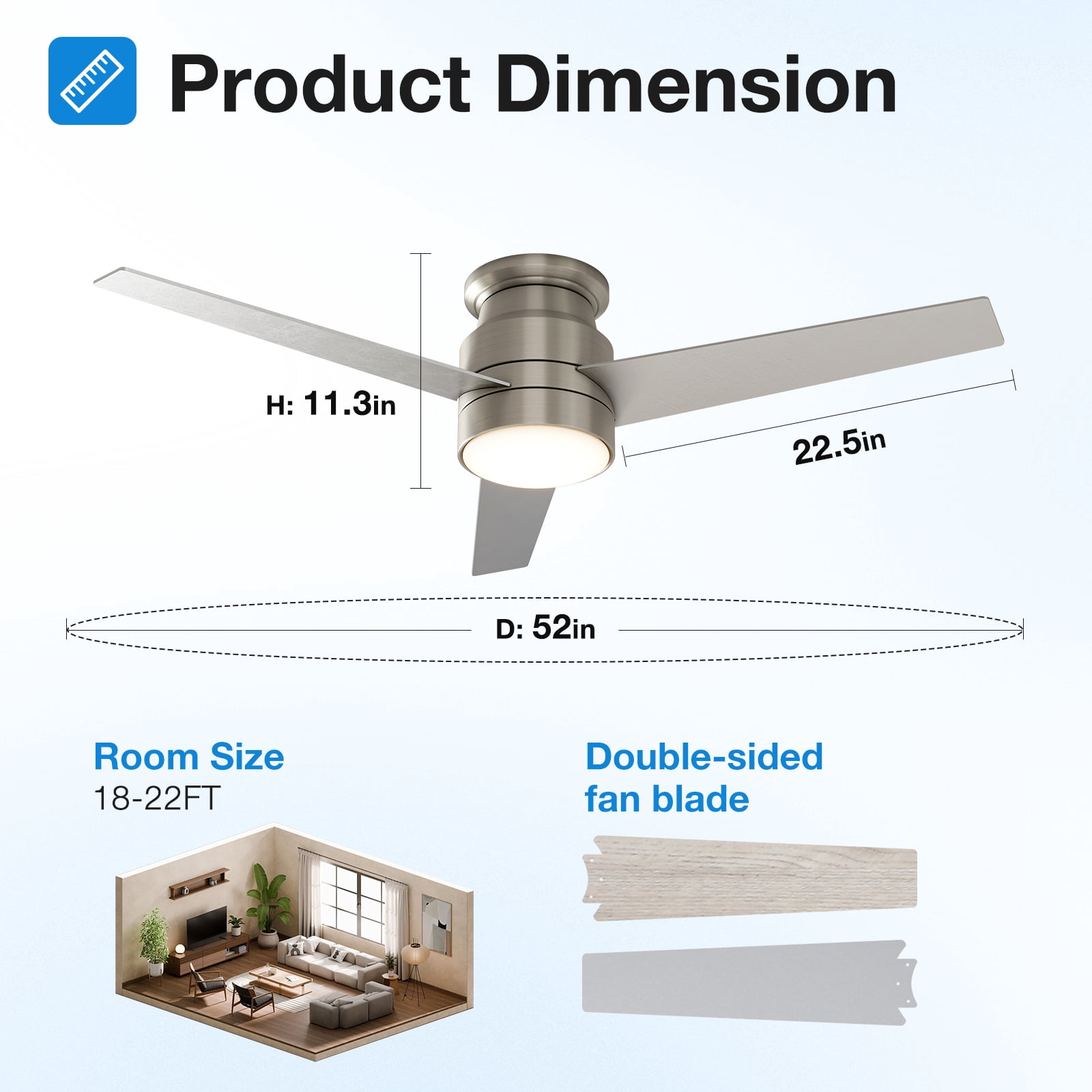 Warmiplanet 52" 3-Blade Nickel Flush Mount Ceiling Fan with LED Light & Remote, Dual-Color Wooden Blades, DC Motor, 6 Speeds, 3-Color Light, Reversible, Timer