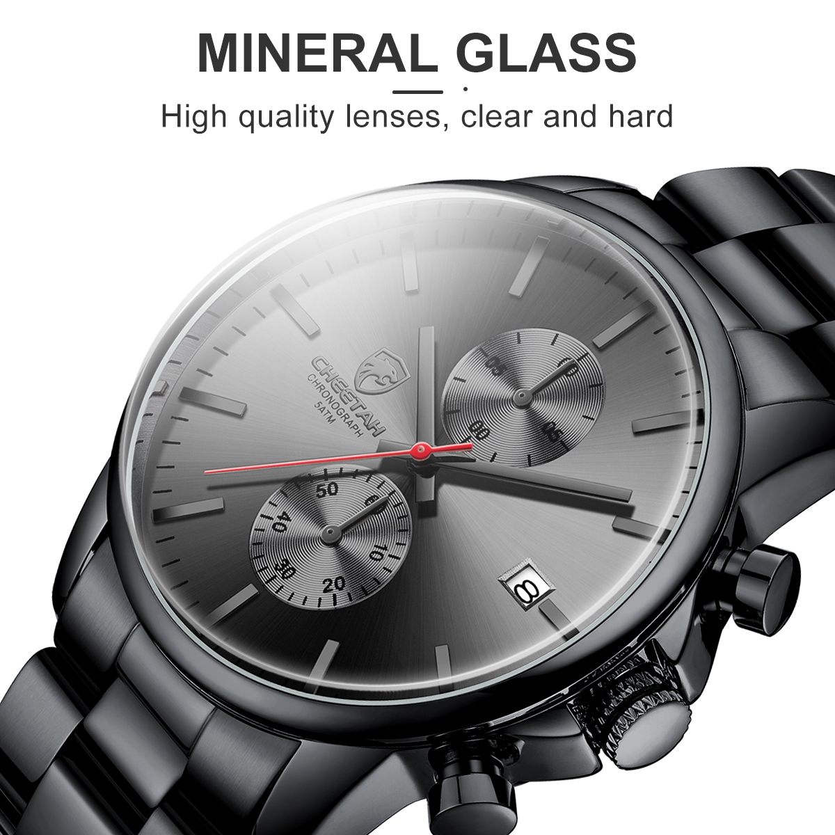 CHEETAH Fashion Business Mens Watches with Stainless Steel Waterproof Chronograph Quartz Watch for Men,Auto Date,Black&Red&Black