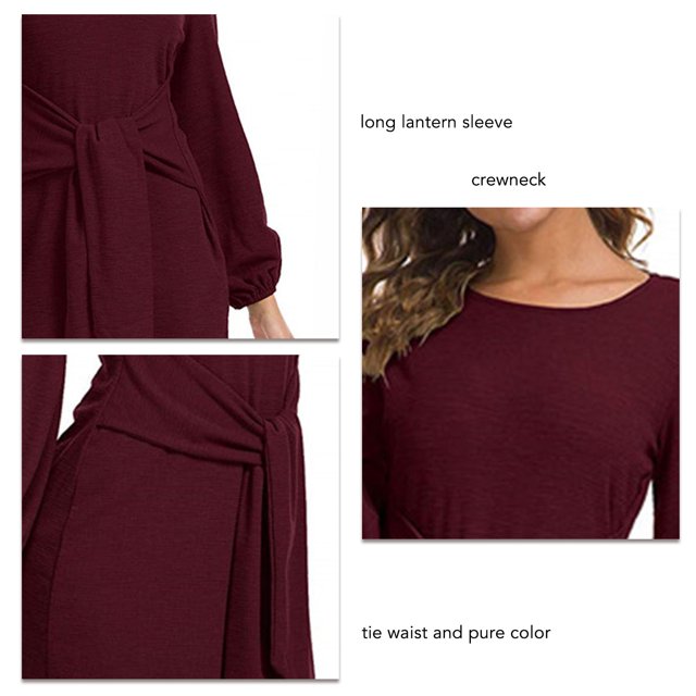 Vestido De Cóctel, Transpirable Manga Larga Linterna Vestido Corto Poliéster Lazo Cintura Cuello Redondo Color Puro Para Citas