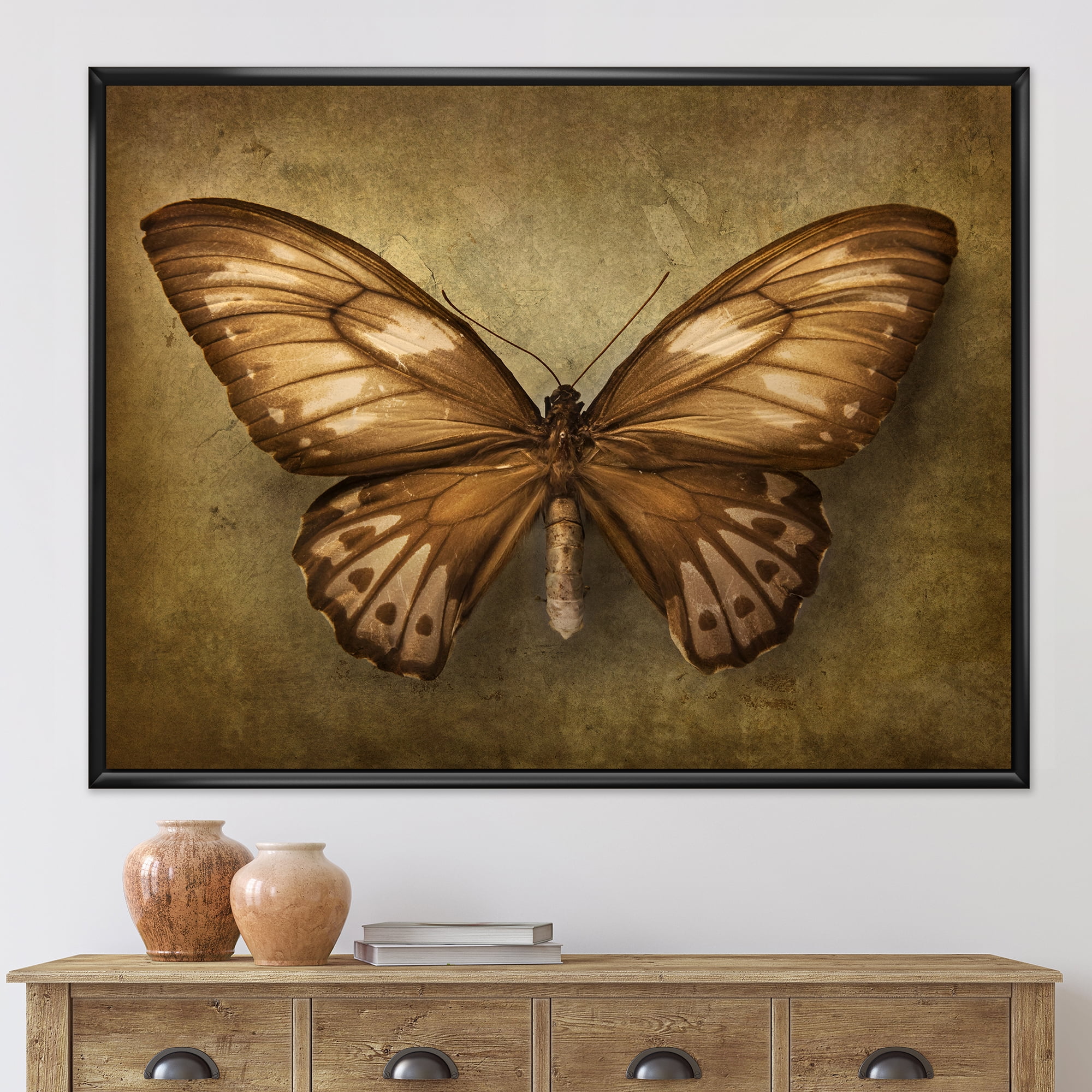 Designart 'Ancient Butterfly In Earth Tones' Vintage Framed Canvas Wall Art Print