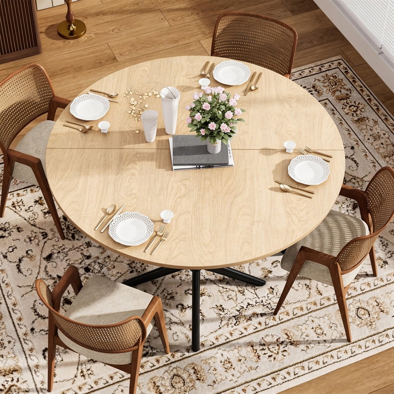 Hawsaiy 47" Round Dining Table for 4-6, Modern Farmhouse Kitchen Table with Metal Legs, Wood Circle Dinner Table for Kitchen & Dining Room, Natural