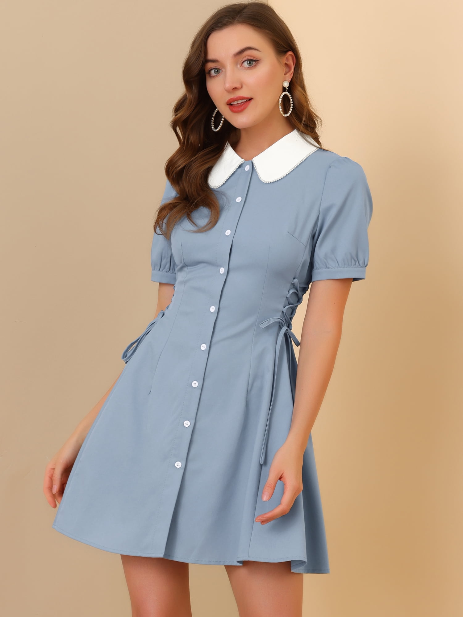DARING DIVA Women's Contrast Button Down Lace up Dress XL Blue