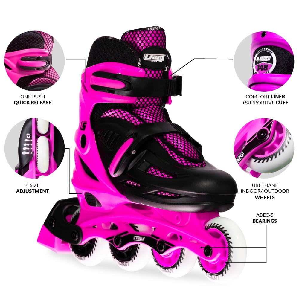 Crazy Skates Adjustable Inline Skates for Girls and Boys - Adjust to fit 4 Sizes