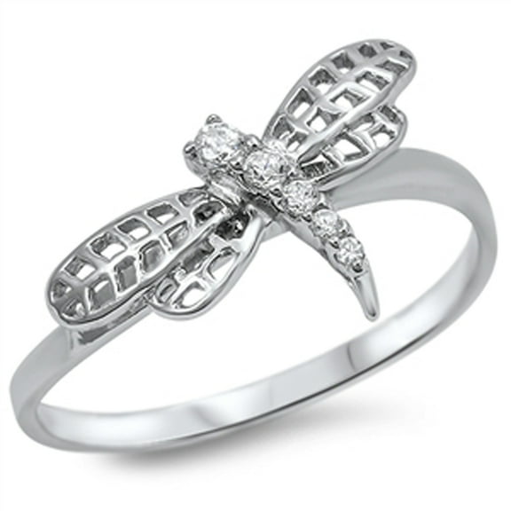 Clear CZ Dragonfly Animal Cutout Ring .925 Sterling Silver Band White Jewelry Female Size 4