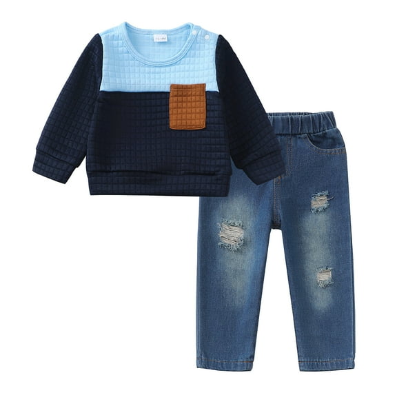 4T Baby Boys Clothes 5T Boys Fall Winter Pant Set Toddler Boys Long Sleeve Round Neckline Top Jeans Pants 2PCS Outfits Set Blue