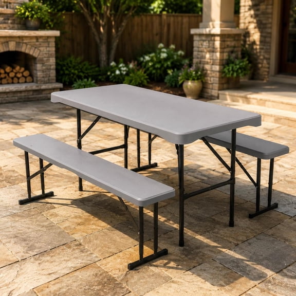 Hdpe Folding Picnic Table Set with 2 Benches, 44 Inch, Gray, Heat-Resistant, Portable, No Assembly