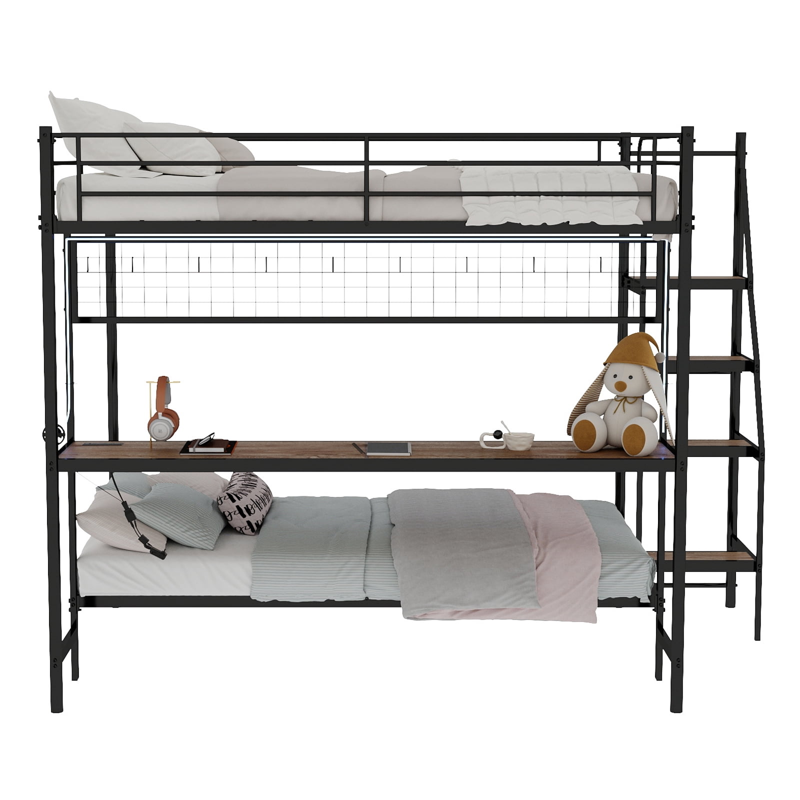 Mintazer Twin Over Twin Metal Bunk Bed with Desk, LED Light & Power Outlet, Bunk Bed Frame with Guardrails and Ladder for Kids Teens Bedroom Dorm Apartment, Black
