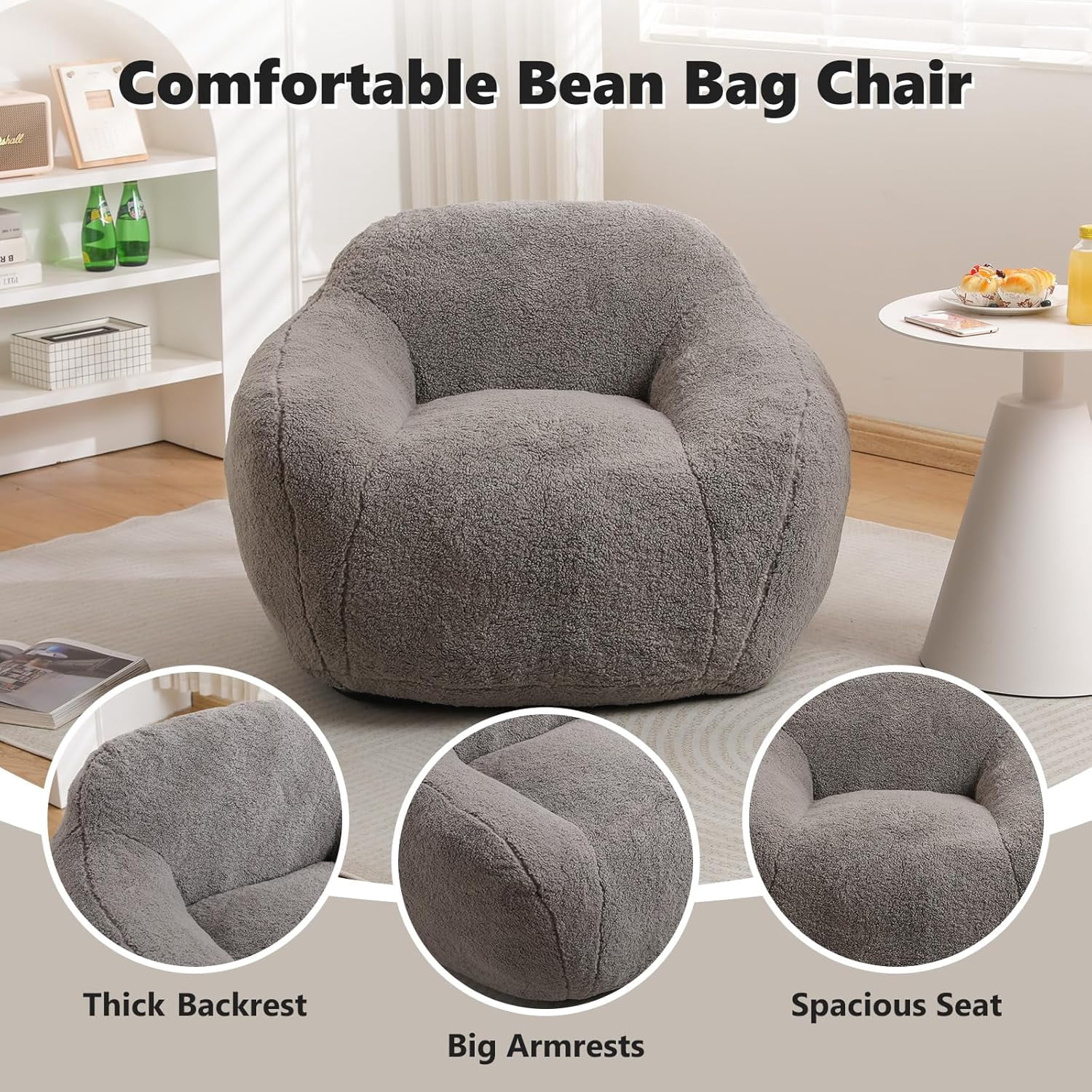 Beanbag Chair, Bean Bag Chair with Filler, Adult Bean Bag Chair for Living Room, Cozy Beanbag Chair for Adults with Filling (Sherpa Fleece Fabric in Light Gray, 39.4" Wx36.6 Dx26.8 H)