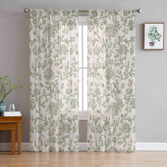 Farmhouse Sage Green Sheer Curtains 72 Inches Long 2 Panels Set, Window Sheer Curtains for Living Room/Bedroom, Vintage Flower Leaf Botanical Light Filtering Rod Pocket Curtain 52'' x 72'' x 2