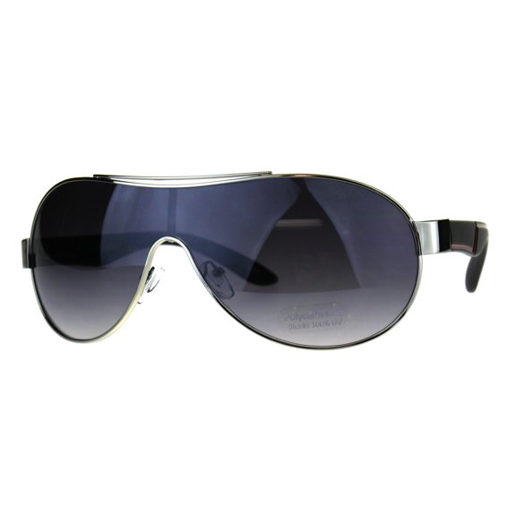 Mens Oversize Shield Racer Pilots Metal Rim Designer Sport Sunglasses Silver Black Smoke