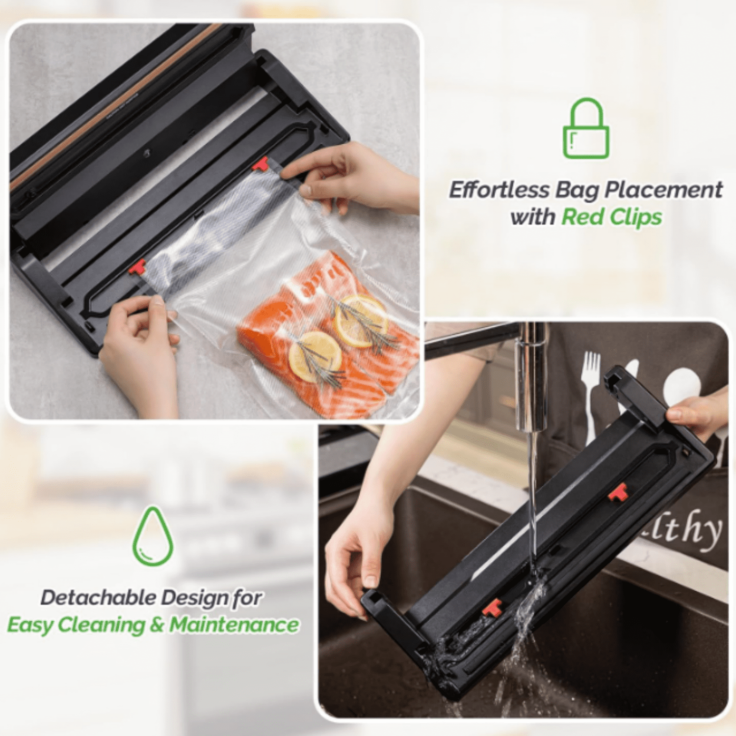 Vacuum Sealer Machine, Food Vacuum Sealer with Powerful Suction | Slim Design | Easy to Use | Led Indicator Lights for Sous Vide, Meal Prep, w/Starter Kits for Vacuum Seal Container (Black）