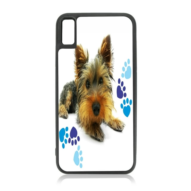 Yorkie Puppy Dog and Blue Pawprint Hearts iPhone 10 xr Dog Case Black Rubber Case for iPhone XR - iPhone XR Phone Case - iPhone XR Accessories