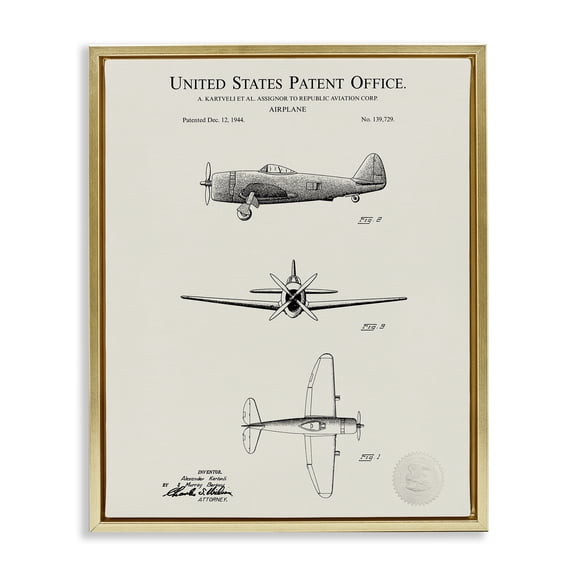 Stupell Industries Mid-Century Historic Aircraft Patent Diagram Gold Floating Frame Canvas Art, 25 x 31, by Karl Hronek